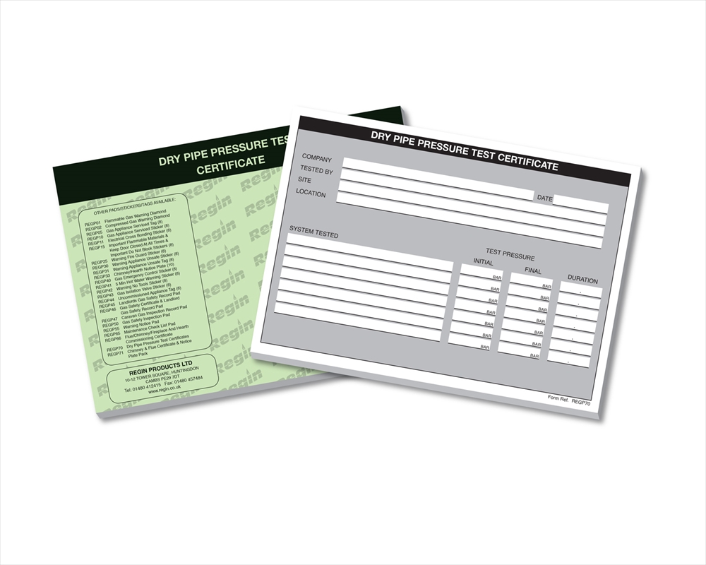 Dry Pipe Pressure Test Certificates Regin Products Ltd