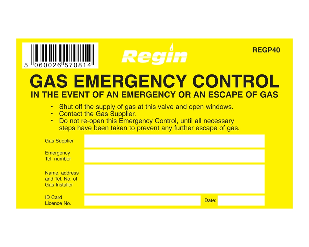 Gas Emergency Control Sticker (8) Regin Products Ltd